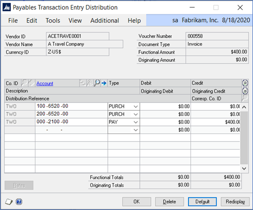 gp payables transaction entry distribution